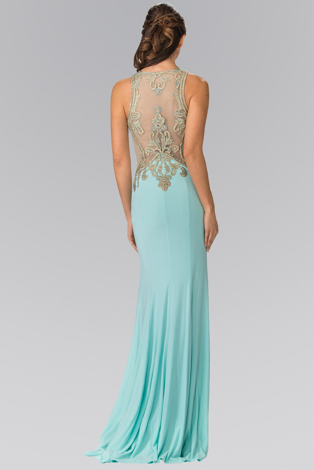 Beading and Embroidery Jersey Long Dress with Sheer Back