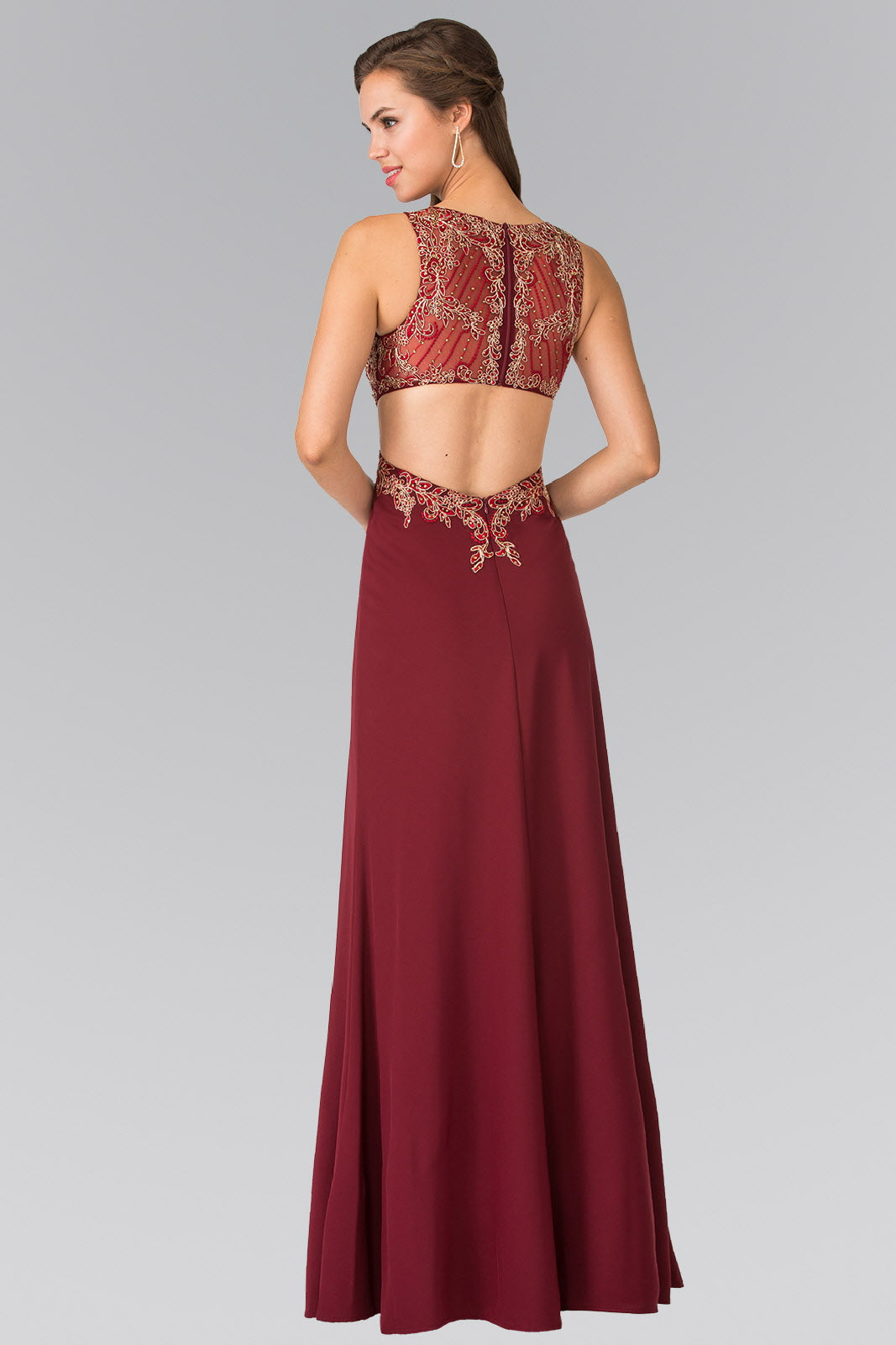 Embroidery Sheer Top Jersey Long Dress with Cut-Out Side and Back