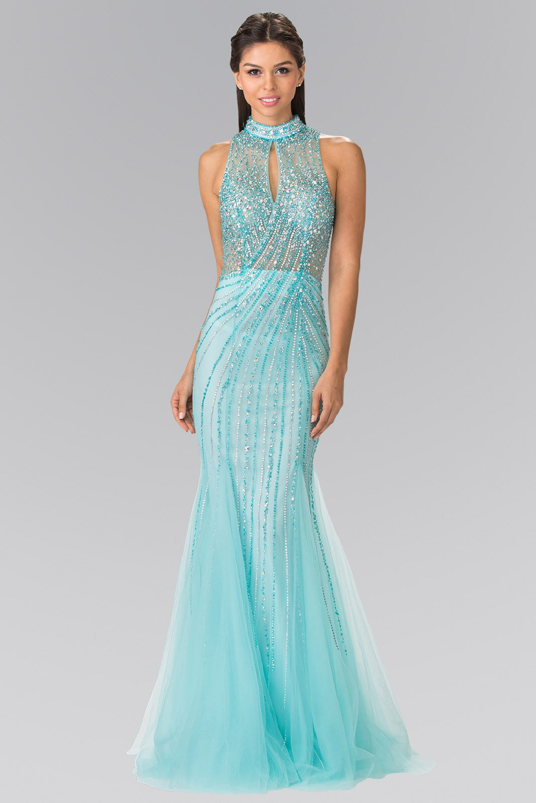 Full Beaded Halter Neck Illusion Top Dress with Open Back