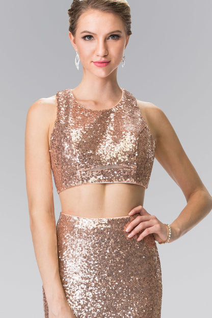 Mock Two-Piece Sequin Long Dress Accented with Side-Cuts