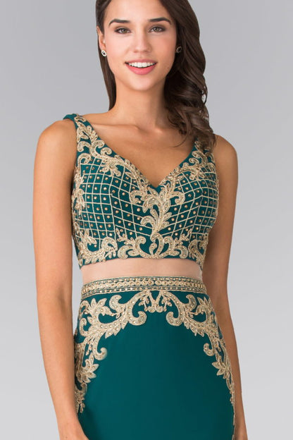 Mock Two-Piece Embroidered Jersey Long Dress