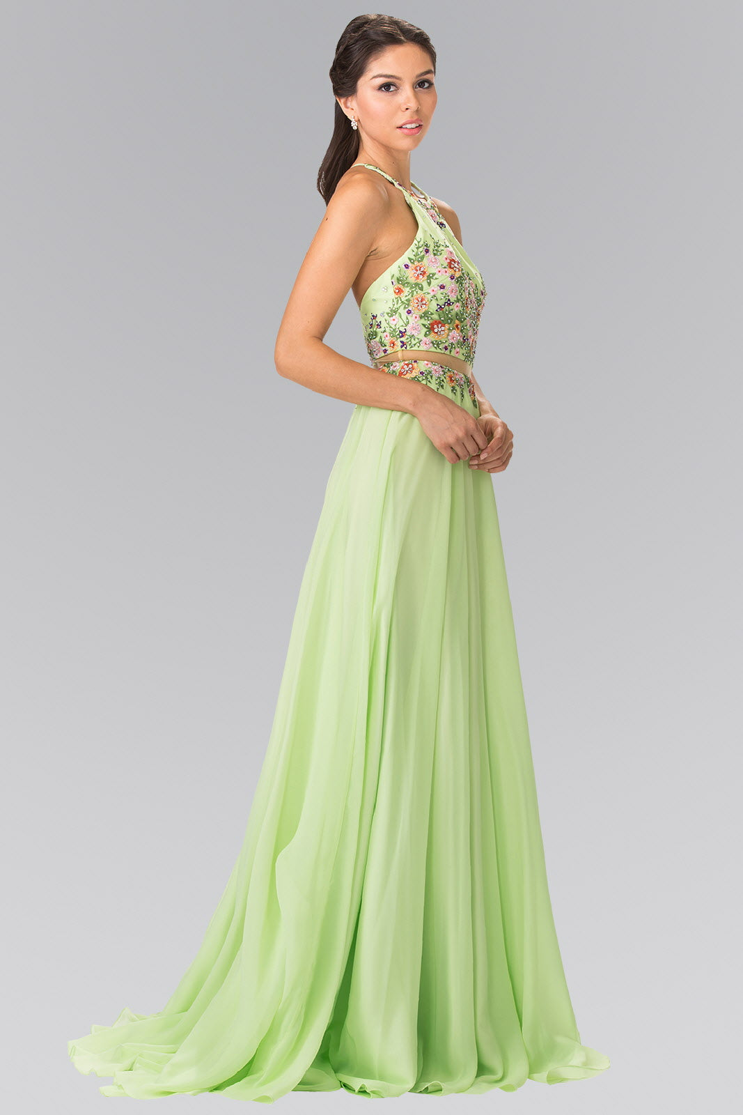 GLS High Neck Mock Two Piece Long Prom Dress - Off White - Size L - A-Line Silhouette with Floral Embellishments GLS High Neck Mock Two Piece Long Prom Dress - Off White - Size L - A-Line Silhouette with Floral Embellishments