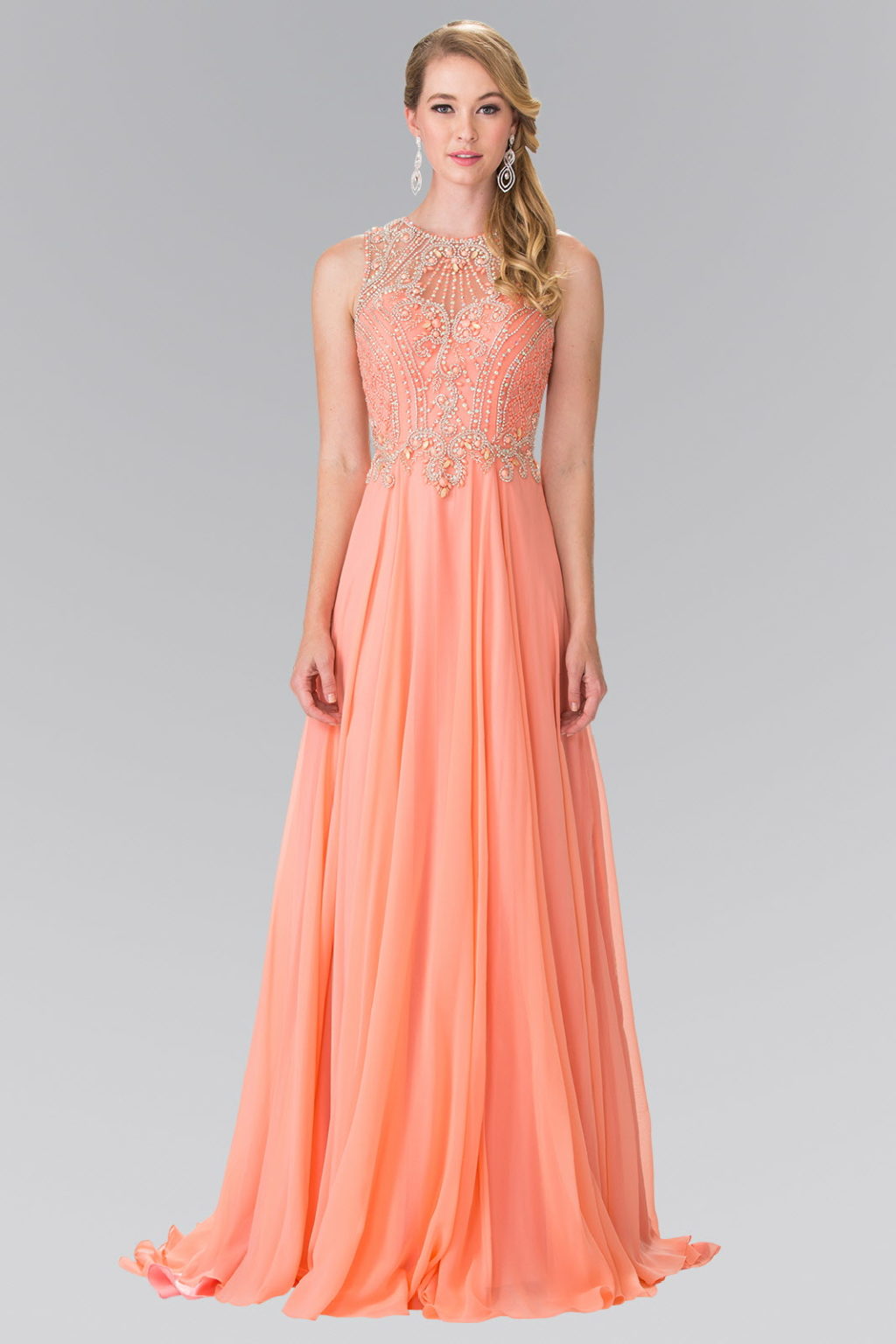 Beads Embellished Chiffon Long Dress with Cut-Out Back