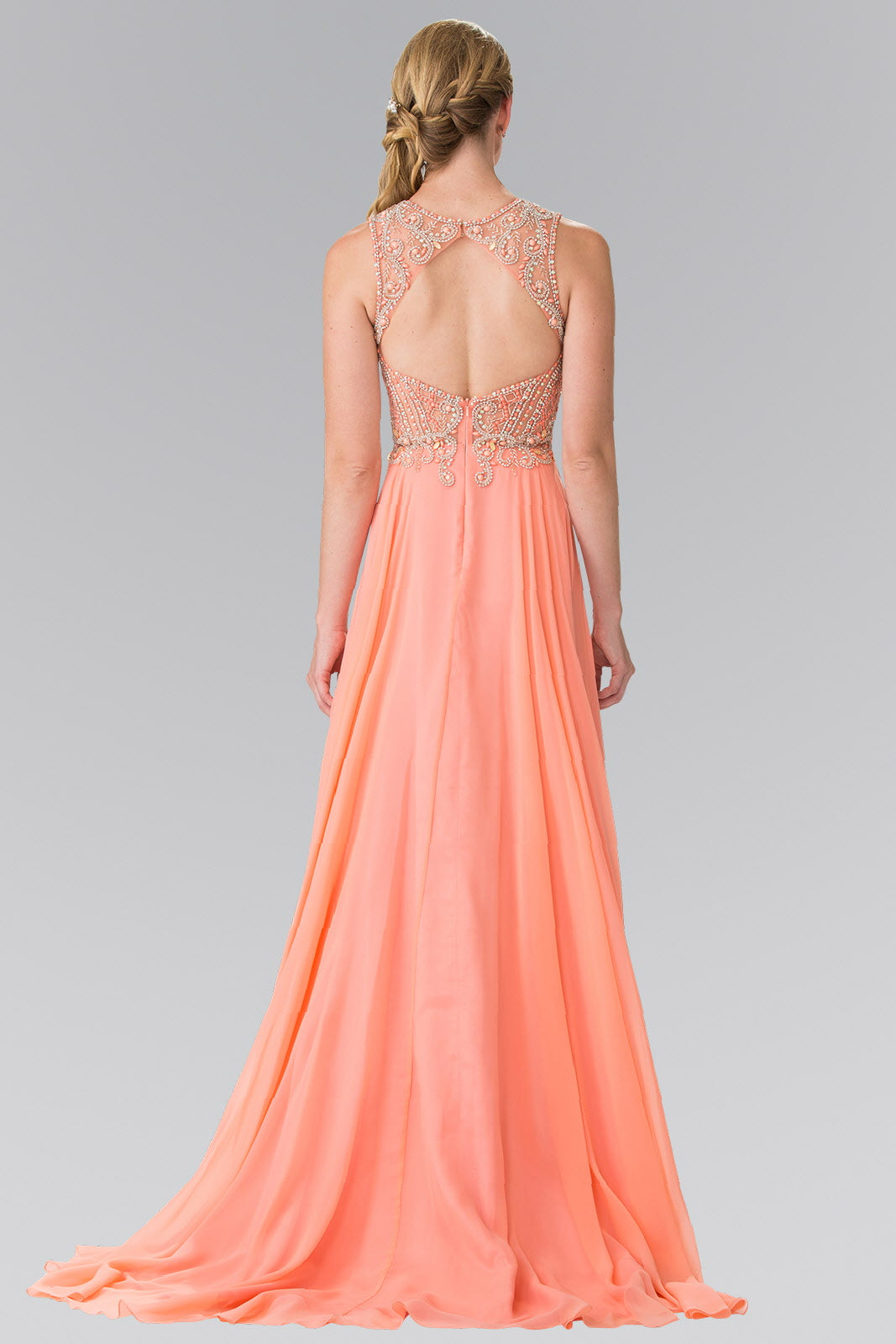 Beads Embellished Chiffon Long Dress with Cut-Out Back