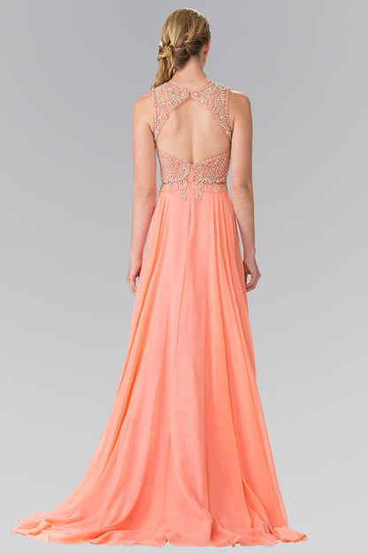 Beads Embellished Chiffon Long Dress with Cut-Out Back