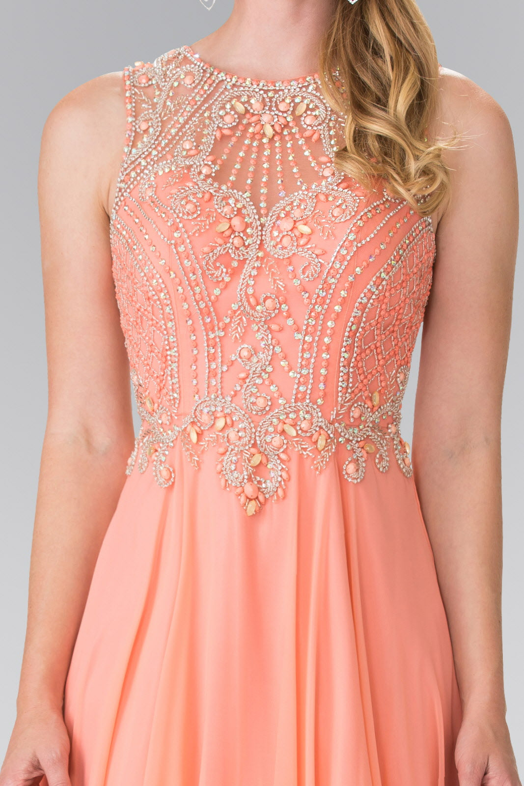 Beads Embellished Chiffon Long Dress with Cut-Out Back