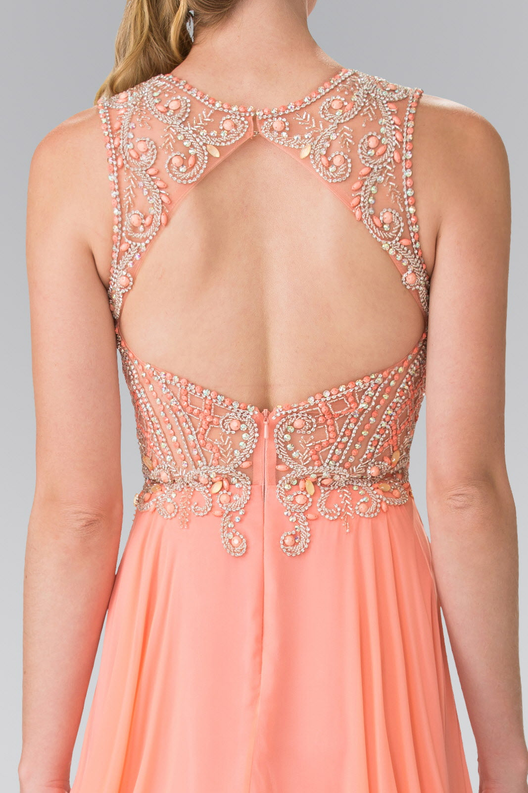 Beads Embellished Chiffon Long Dress with Cut-Out Back