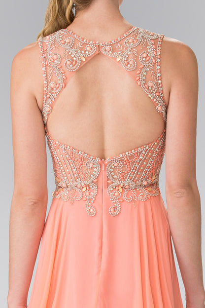 Beads Embellished Chiffon Long Dress with Cut-Out Back