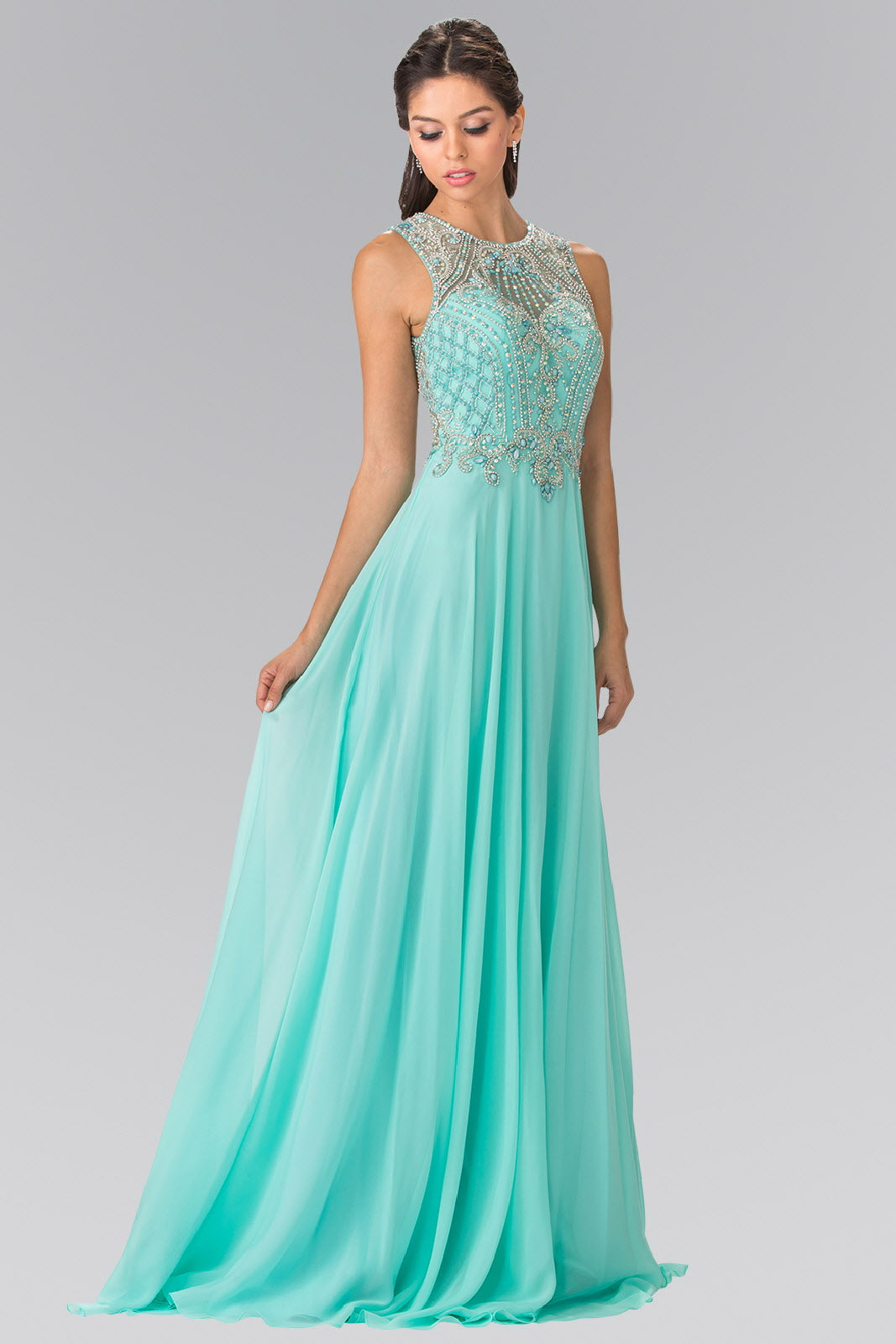 Beads Embellished Chiffon Long Dress with Cut-Out Back