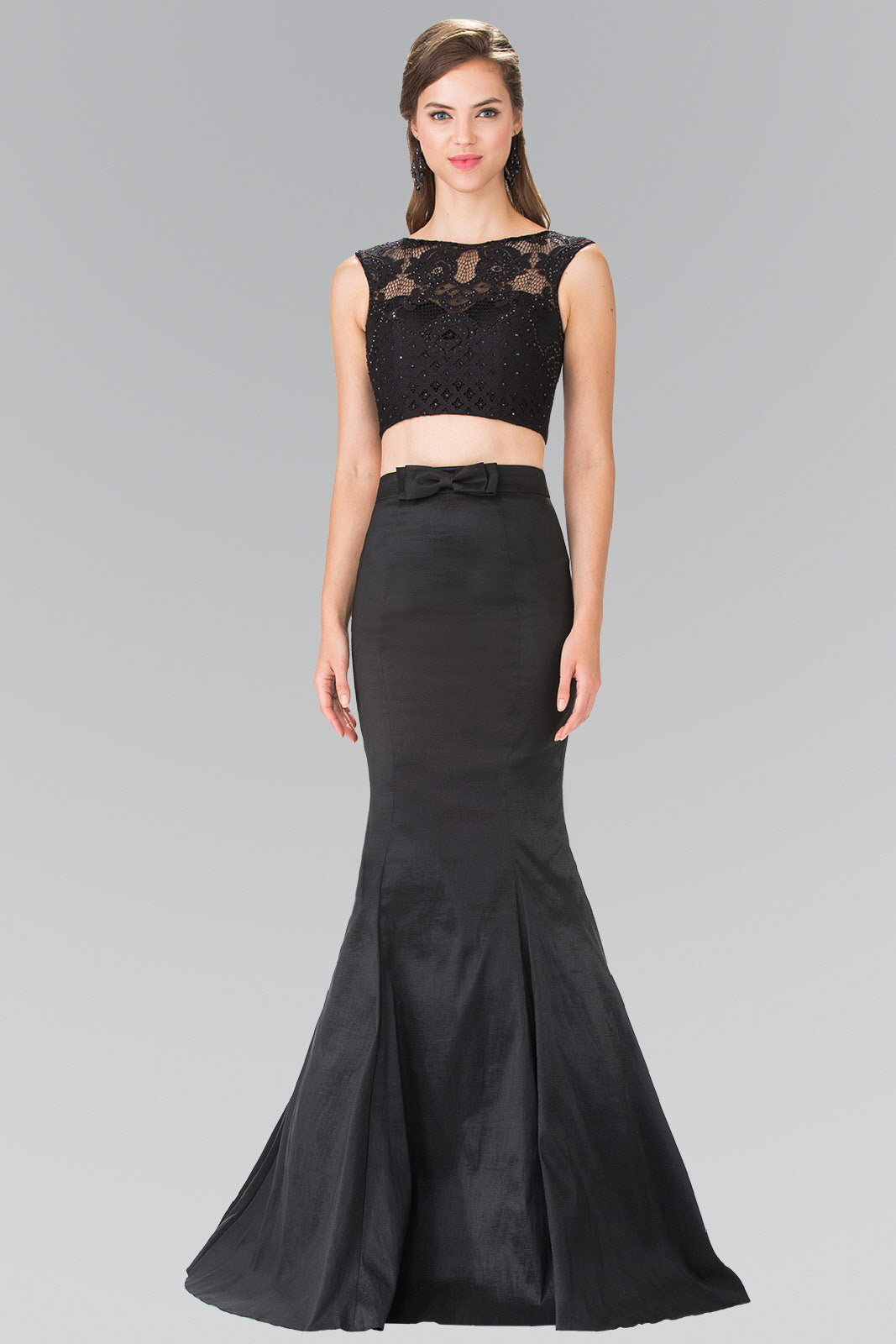 Two Piece Taffeta Long Dress Accented with Ribbon Waist and Lace Top