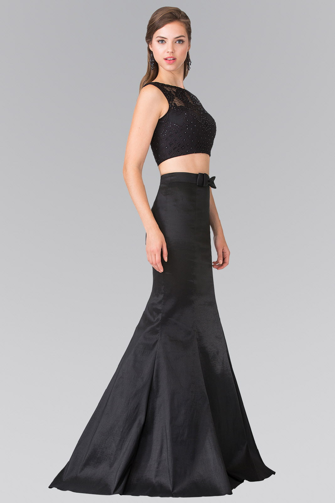 Two Piece Taffeta Long Dress Accented with Ribbon Waist and Lace Top