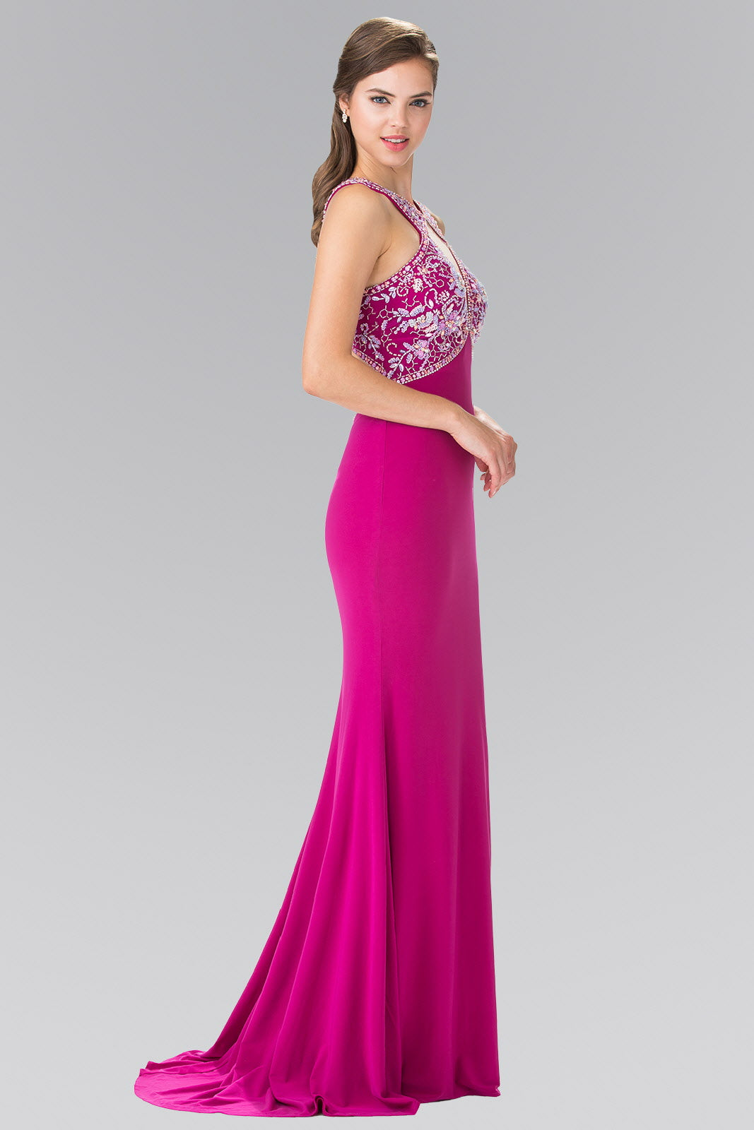 Beads Embellished Jersey Long Dress with Cut-Out Front and Back