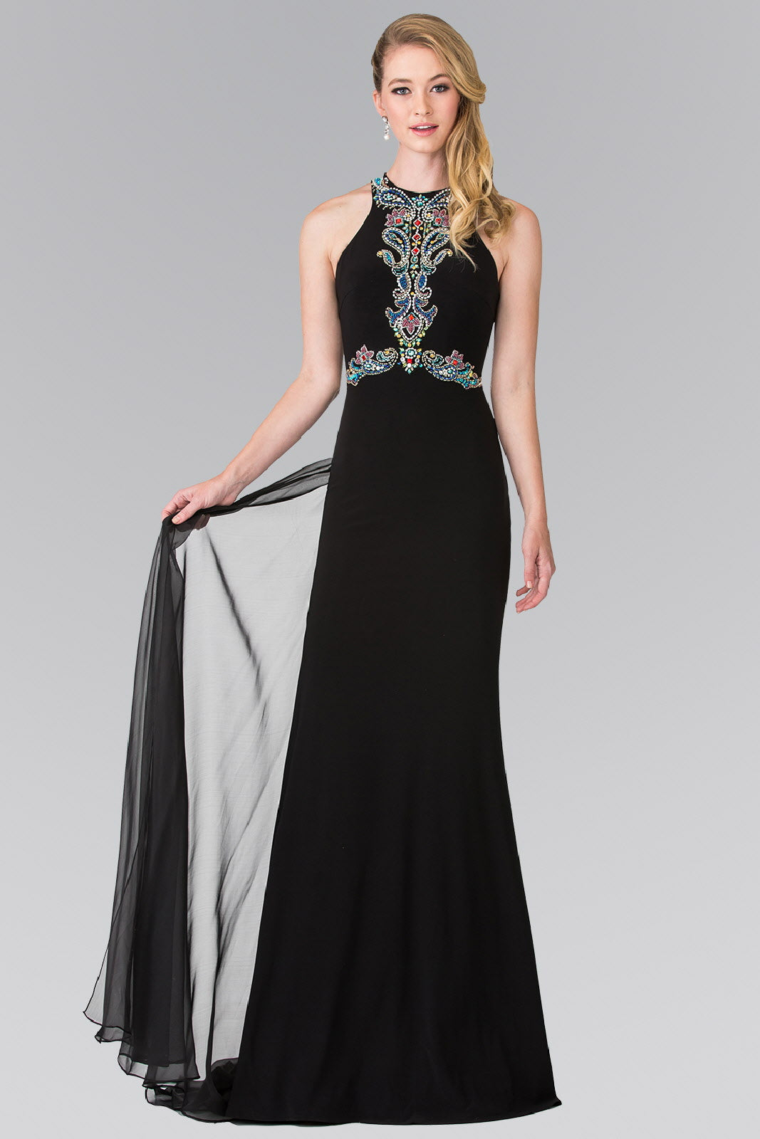 High Neck Beaded Top and Sheer Back Accented with Chiffon Tail