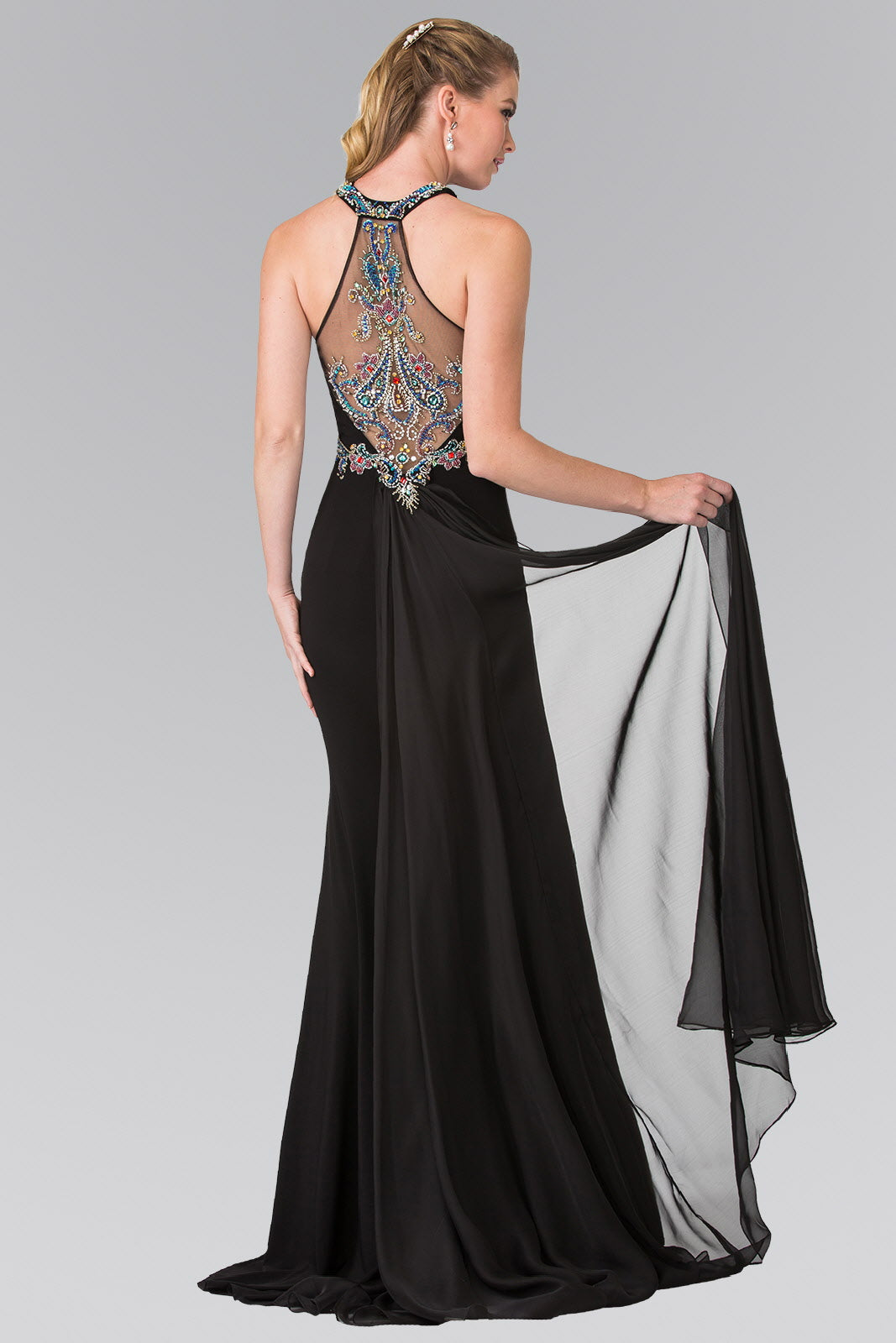 High Neck Beaded Top and Sheer Back Accented with Chiffon Tail