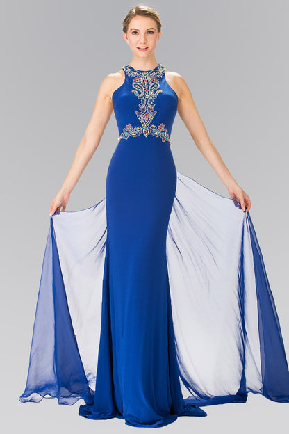 High Neck Beaded Top and Sheer Back Accented with Chiffon Tail