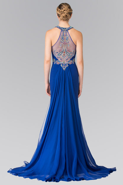 High Neck Beaded Top and Sheer Back Accented with Chiffon Tail