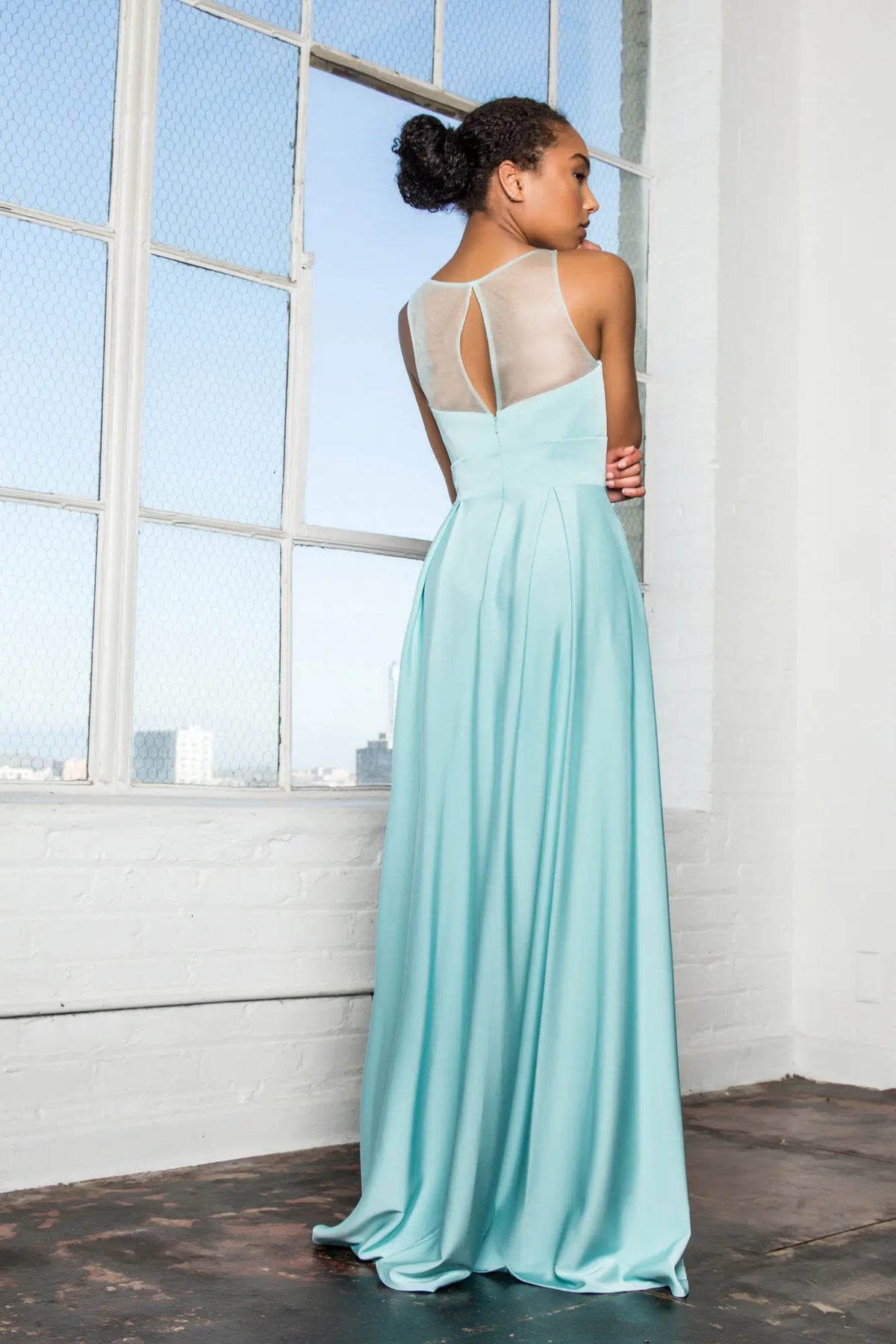 Aqua Navy Champagne Prom Dress With Notched Scoop And Long Skirt