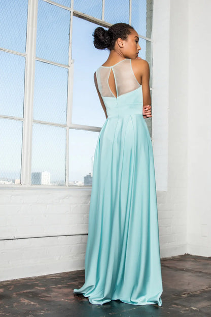 Aqua Navy Champagne Prom Dress With Notched Scoop And Long Skirt