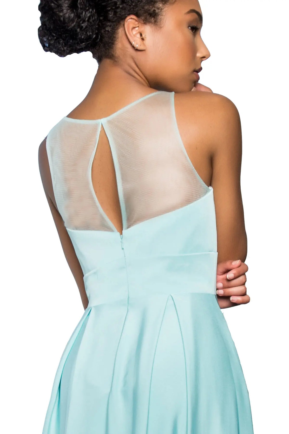 Aqua Navy Champagne Prom Dress With Notched Scoop And Long Skirt