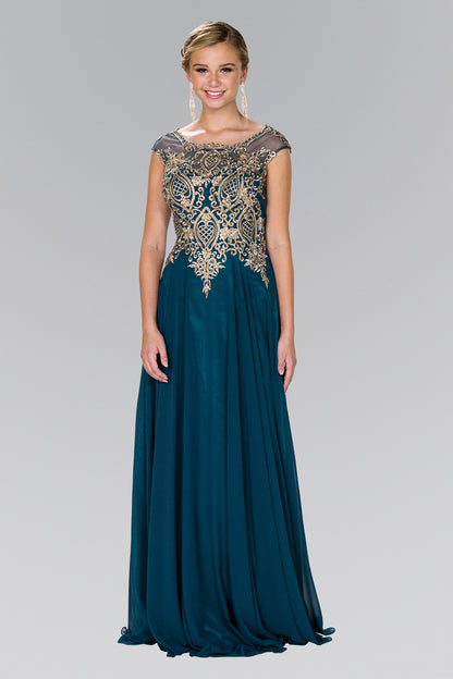 Embroidered Bodice Chiffon Long Dress