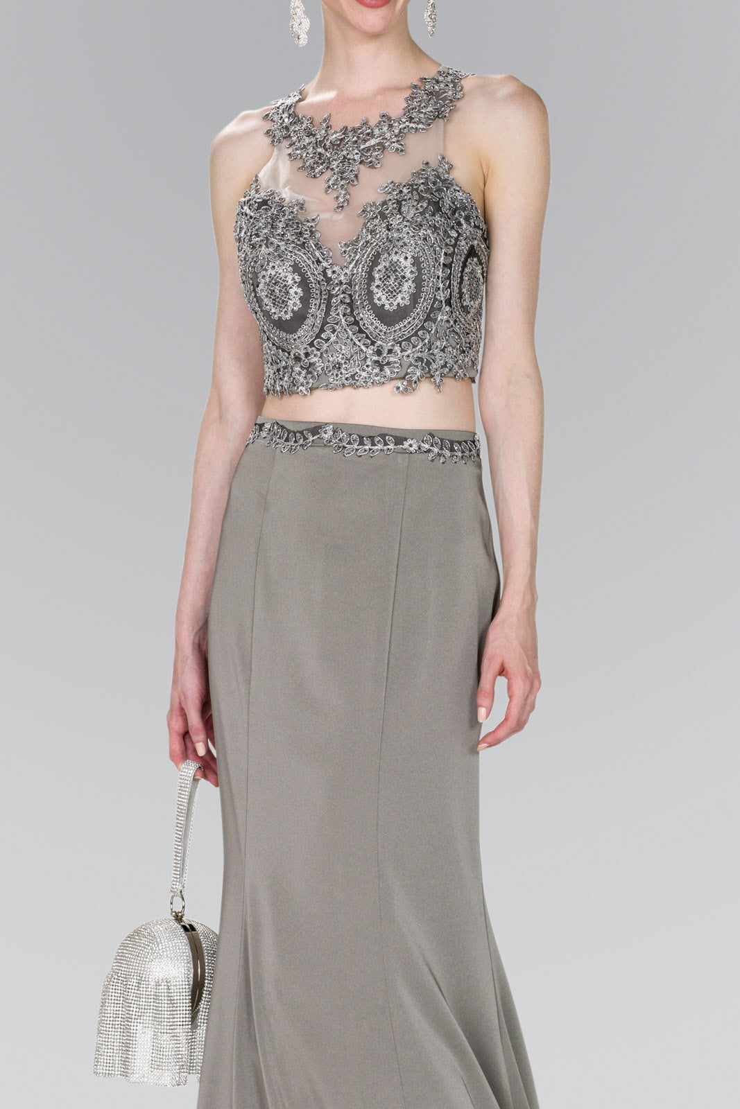 Full Embroidered Top Jersey Two-Piece Long Dress L / Black/Silver Full Embroidered Top Jersey Two-Piece Long Dress L / Black/Silver
