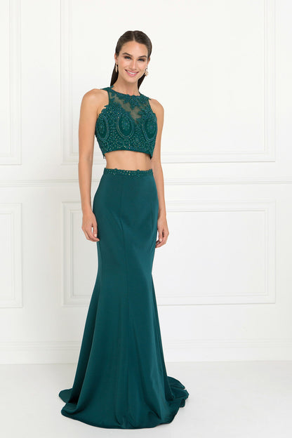 Full Embroidered Top Jersey Two-Piece Long Dress