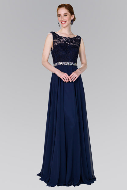 Lace Top Chiffon Long Dress Accented by Jewels on the Waist