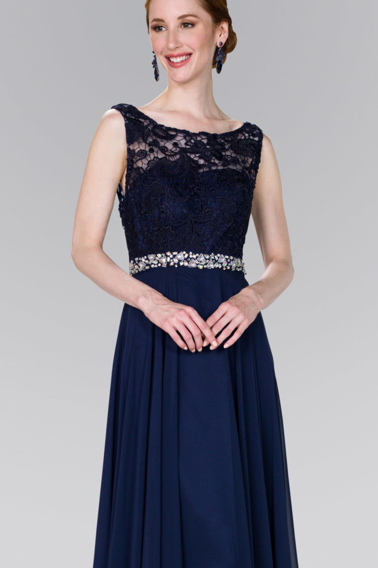 Lace Top Chiffon Long Dress Accented by Jewels on the Waist