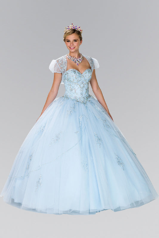 Beads Embellished Tulle Ball Gown with Bolero