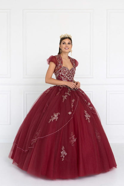 Beads Embellished Tulle Ball Gown with Bolero