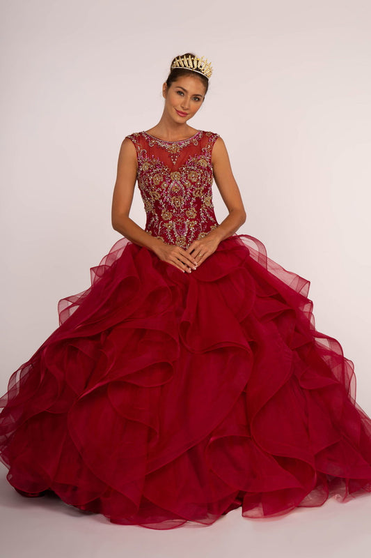 Beads Embellished Bodice Tulle Ball Gown w/ Multi-Layered Ruffle Skirt