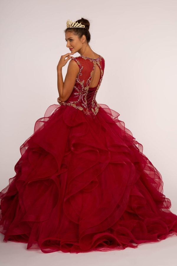 Beads Embellished Bodice Tulle Ball Gown w/ Multi-Layered Ruffle Skirt