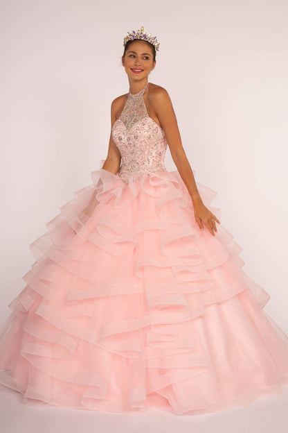 Beads and Jewel Embellished Halter Neck Quinceanera Dress