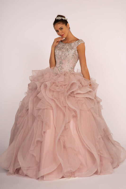 Beads and Sequin Embellished Bodice Boat Neck Ball Gown