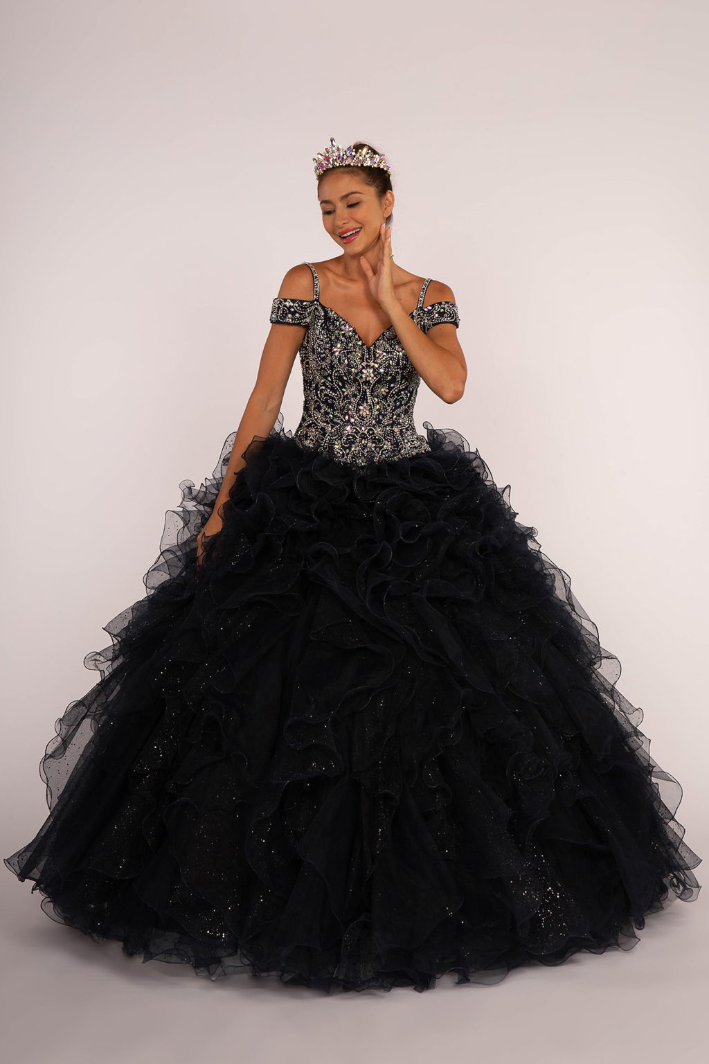 Jewel Embellished Cut-Away Shoulder Ruffle Skirt Quinceanera Dress