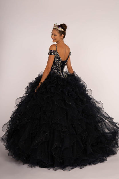 Jewel Embellished Cut-Away Shoulder Ruffle Skirt Quinceanera Dress