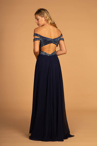 Jewel Embellished Bodice Illusion Deep V-Neck Chiffon Long Dress