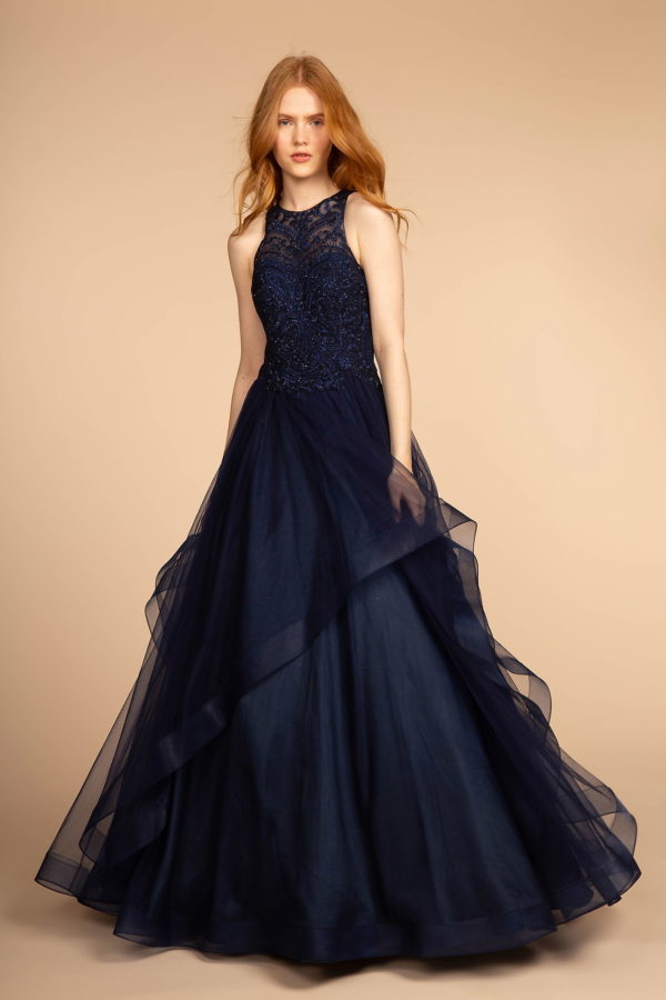 Embroidered Applique Bodice Tulle Long Dress