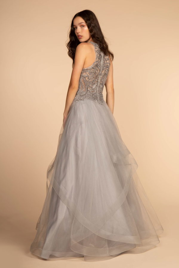 Embroidered Applique Bodice Tulle Long Dress