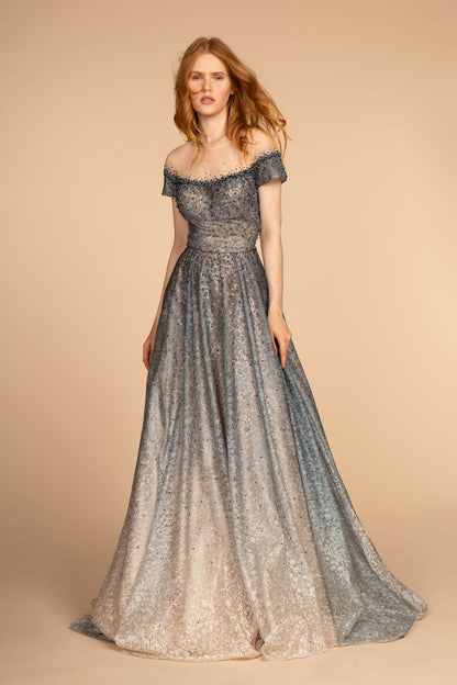 GLS Grey Blue Long Prom Dress with Cap Sleeves - Illusion Neckline & A-Line Skirt - Size XS GLS Grey Blue Long Prom Dress with Cap Sleeves - Illusion Neckline & A-Line Skirt - Size XS