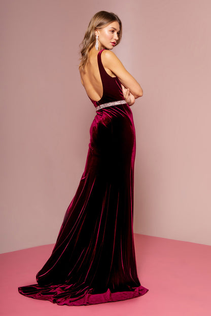 Jewel Accented Waist Line V-Neck Velvet Dress w/ U-Back