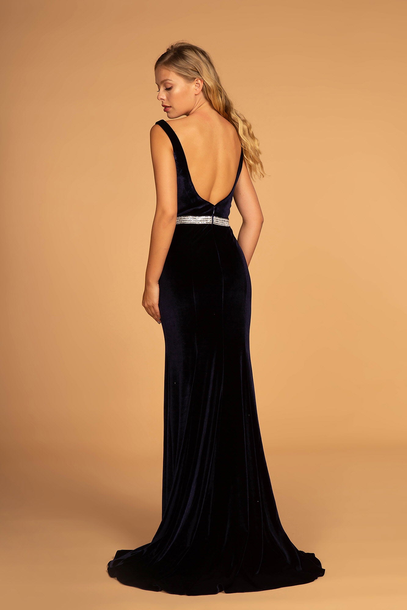 Jewel Accented Waist Line V-Neck Velvet Dress w/ U-Back