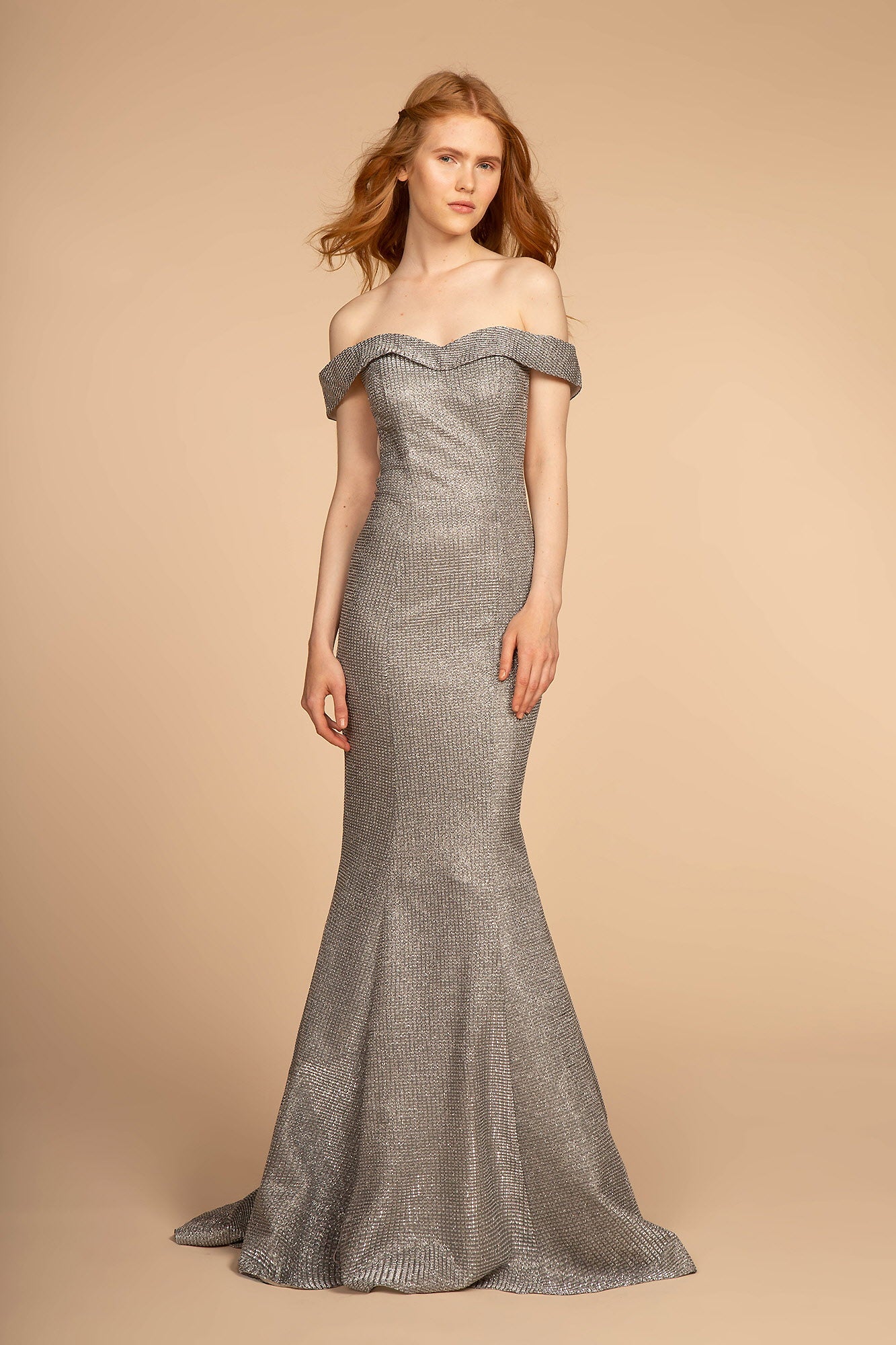 Cut-Away Shoulder Glitter Crepe Mermaid Dress