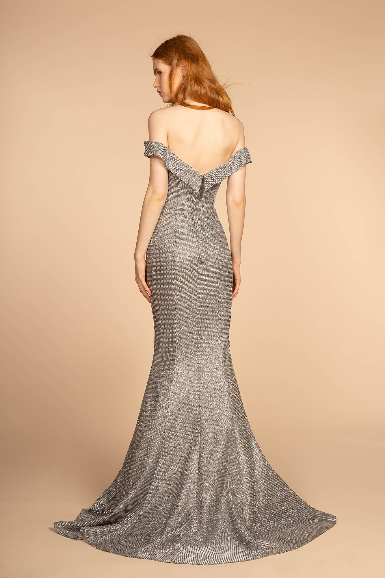 Cut-Away Shoulder Glitter Crepe Mermaid Dress