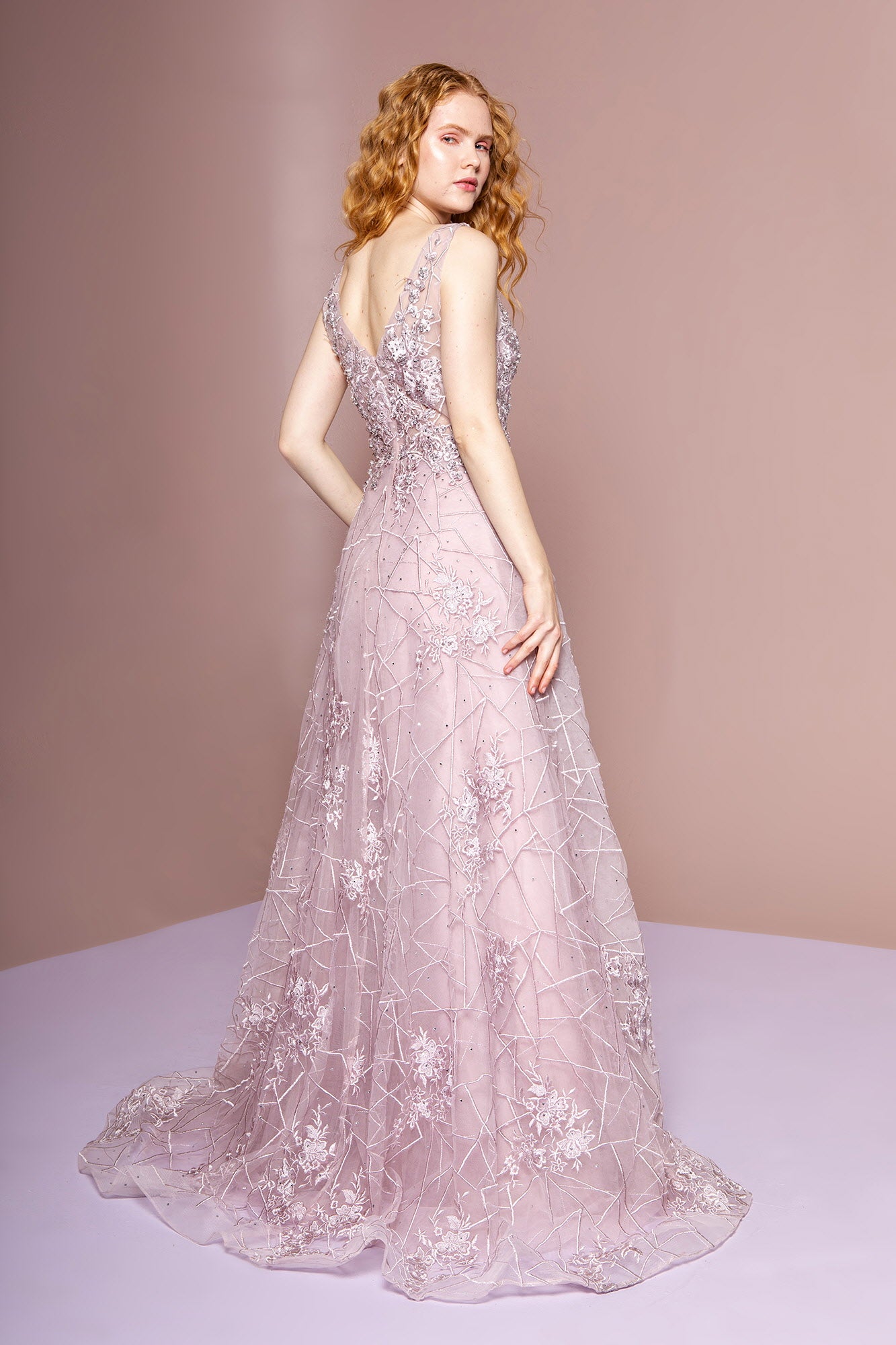 Mesh Illusion V-Neck Embroidery Long Dress XS / Mauve Mesh Illusion V-Neck Embroidery Long Dress XS / Mauve