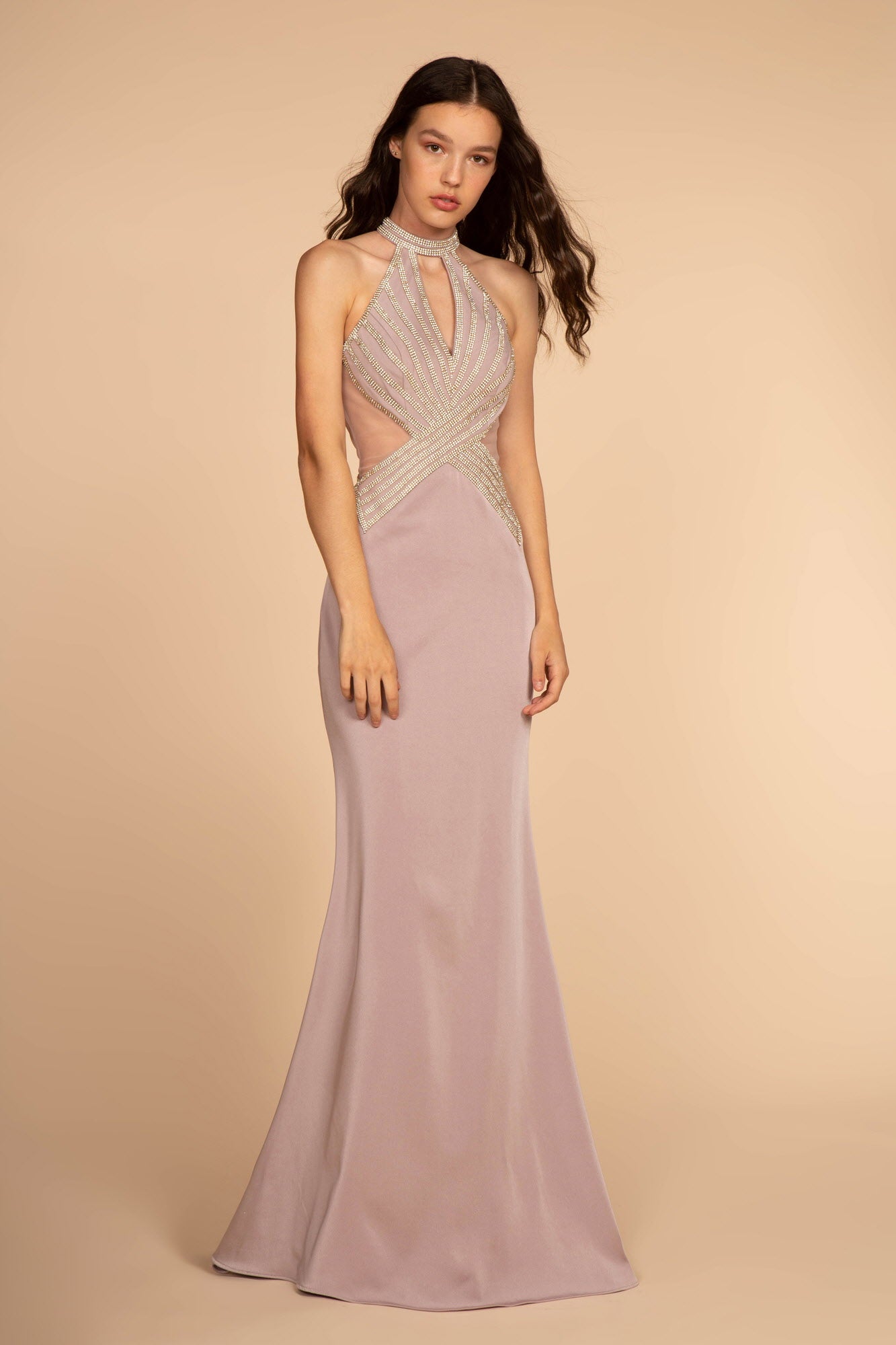 Jewel Embellished High-Neck Rome Jersey Prom Dress