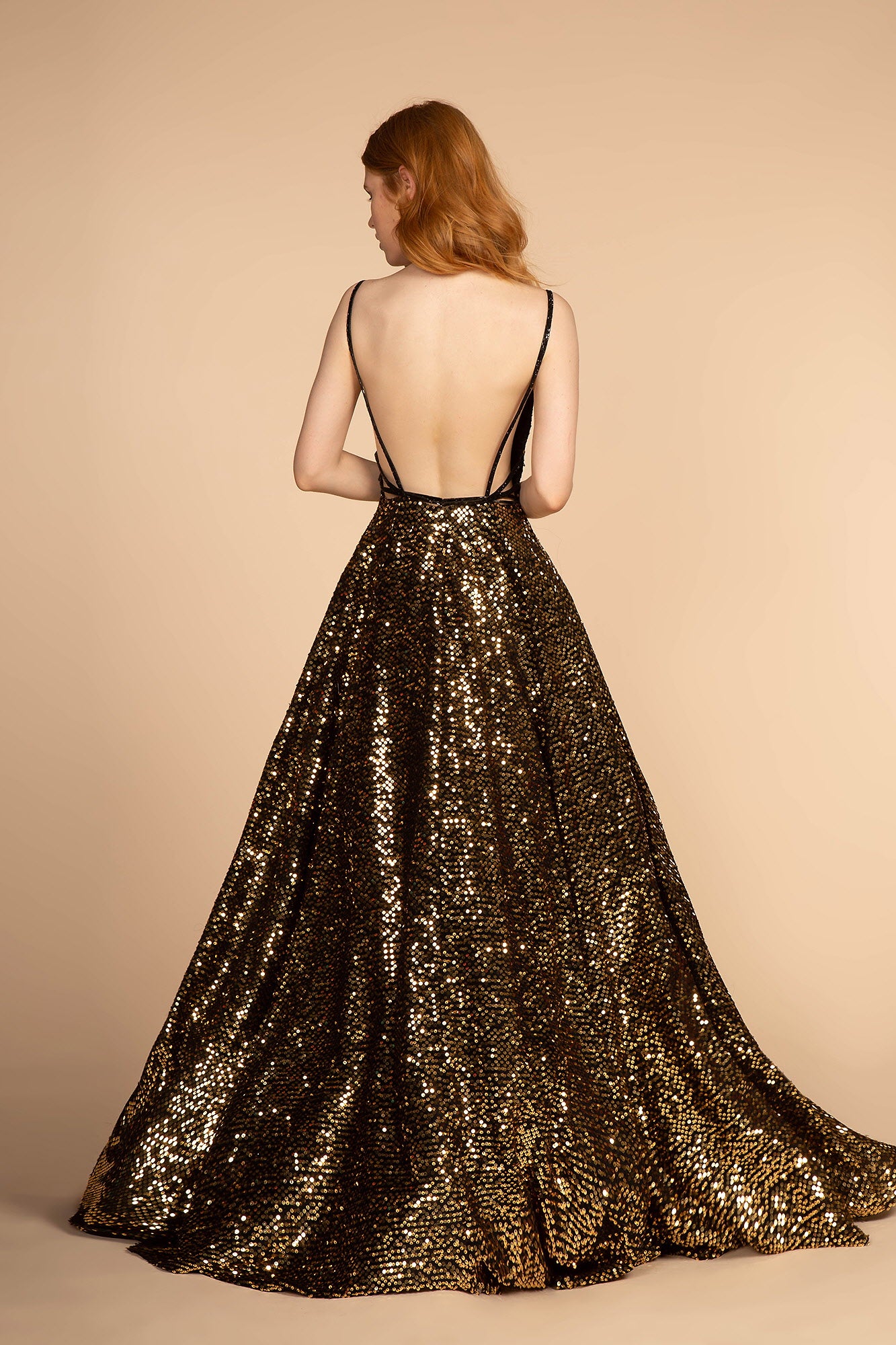 Illusion Deep V-Neck Sequin Ball Gown w/ Open Back