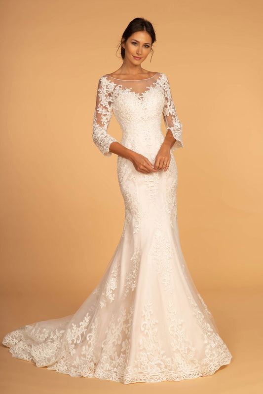 Embroidered Mesh Mermaid Wedding Gown w/ V-Back