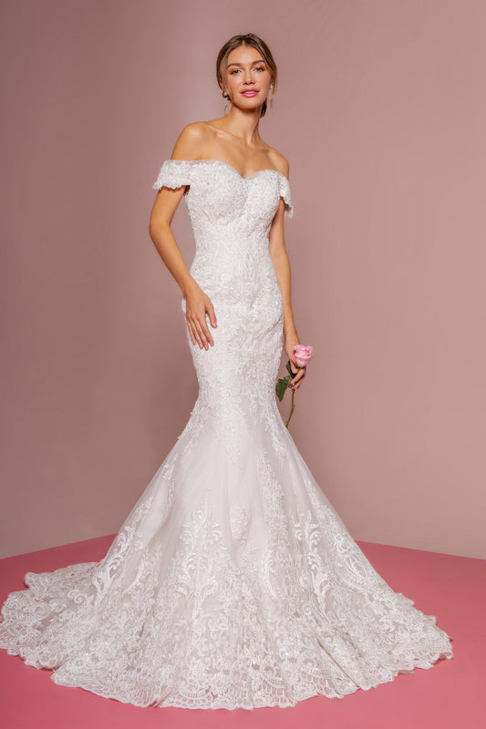 Cut-Away Shoulder Embroidered Mesh Mermaid Wedding Gown