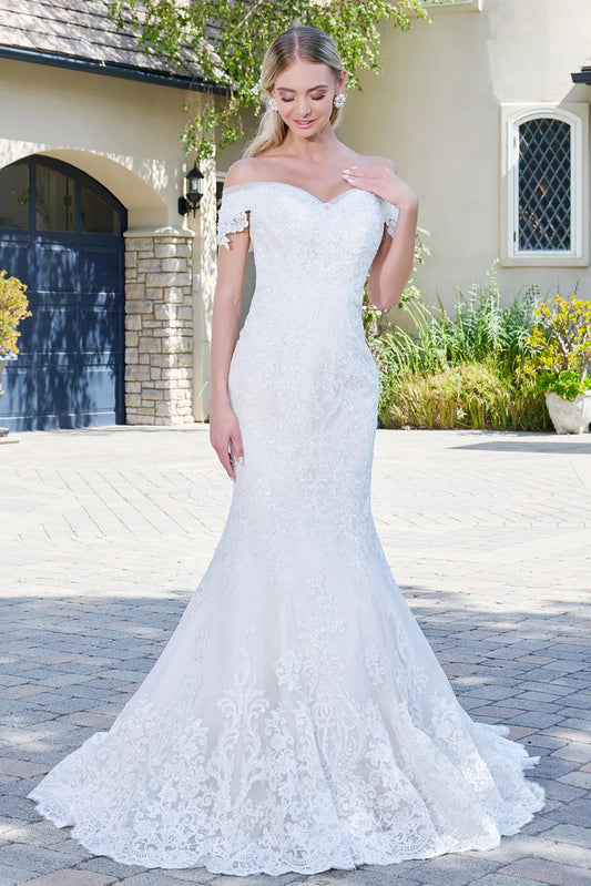 Mermaid Wedding Dress With Off-The-Shoulder Design And Embroidered Mesh